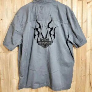 Harley Davidson Motor Clothes Button Up Shirt Sz L Gray Flame Back Motorcycles